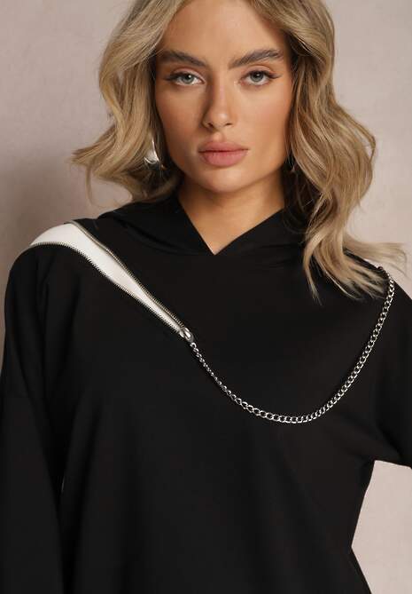 Czarna Asymetryczna Bluza z Bawełny z Kapturem i Ozdobnym Suwakiem Lueur