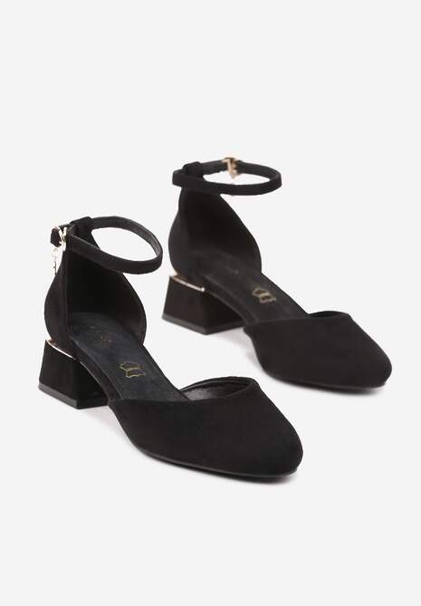 Czarne Czółenka Vices na Słupku z Wkładką ze Skóry Naturalnej i Metaliczną Ozdobą Velori