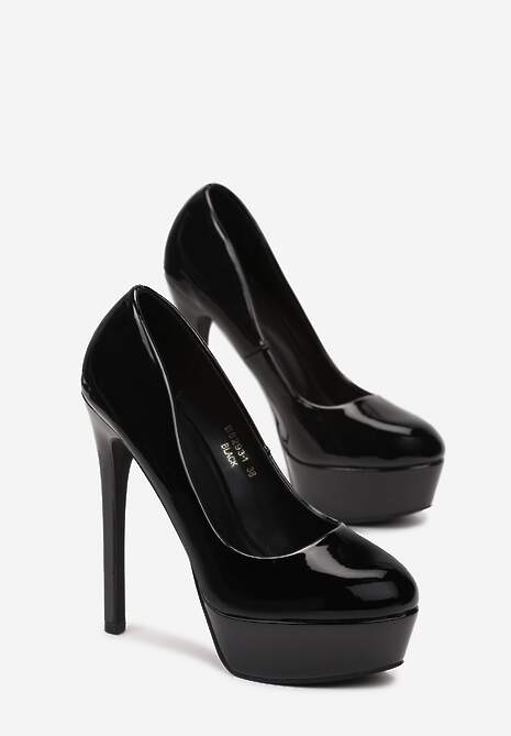 Czarne Czółenka na Wysokiej Szpilce i Platformie Lakierowane Welioha