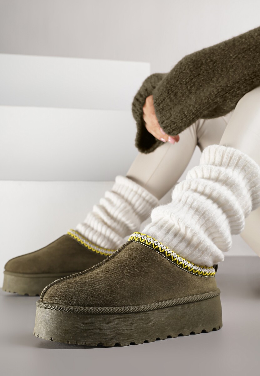 Zielone Śniegowce na Platformie z Niską Cholewką i Haftowanym Wzorem Zivilae