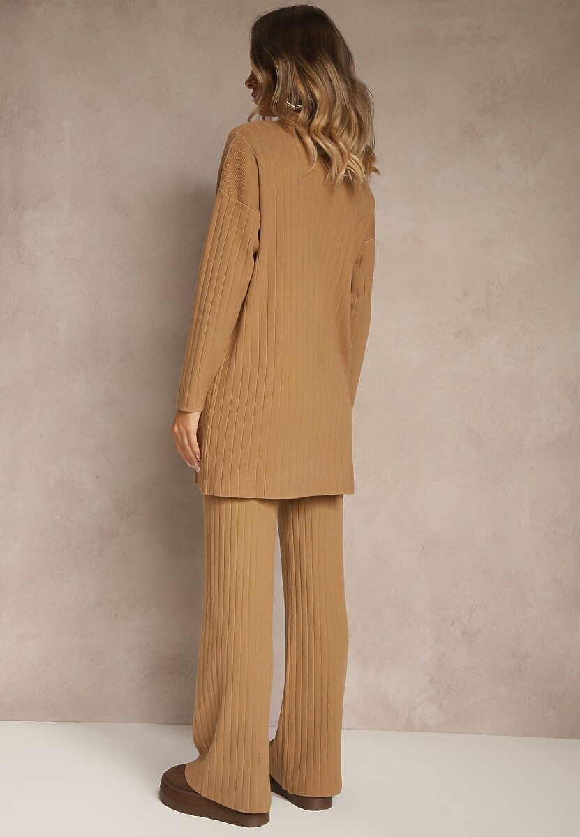 Brązowy Komplet z Dzianiny z Bawełną Spodnie Wide Leg i Sweter Lanneia