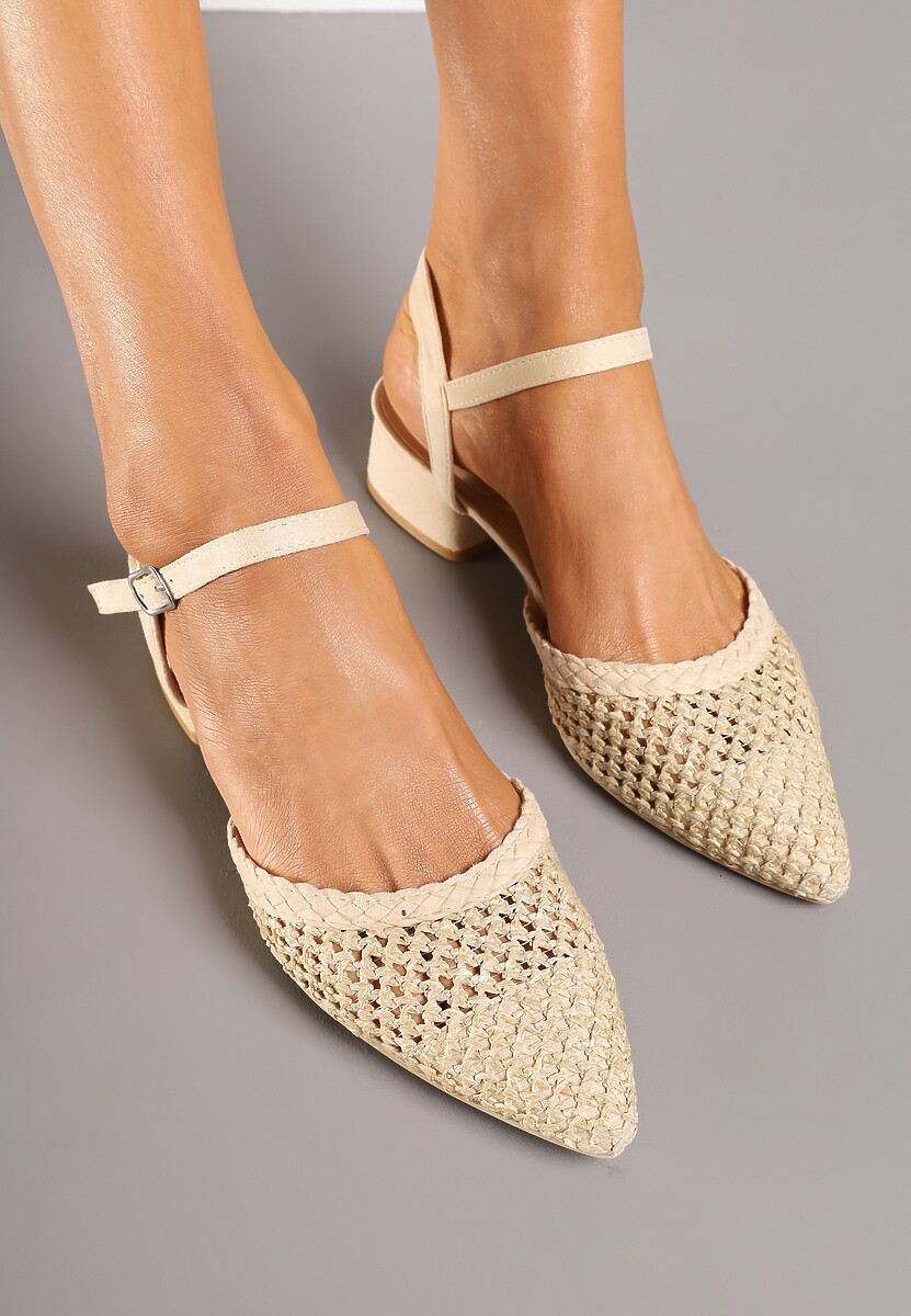 Beżowe Siateczkowe Sandały na Słupku Selreti