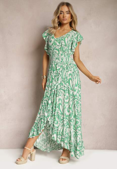 Zielona Sukienka Boho z Gumką w Pasie i Asymetrycznym Dołem z Wiskozy Anorissa