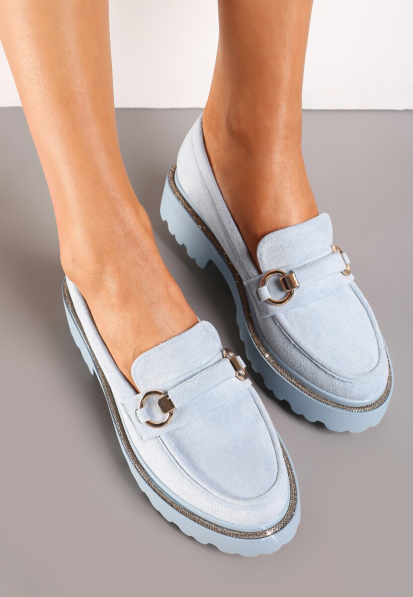 Niebieskie Mokasyny z Imitacji Zamszu z Cyrkoniami Przy Podeszwie Imule