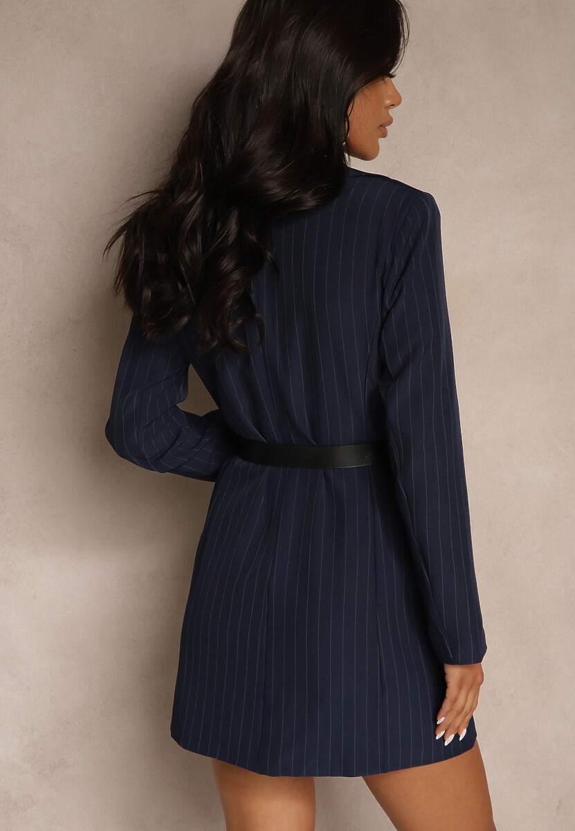 Granatowa Marynarkowa Sukienka z Wiskozą i Usztywnionymi Ramionami w Paski Nevarae