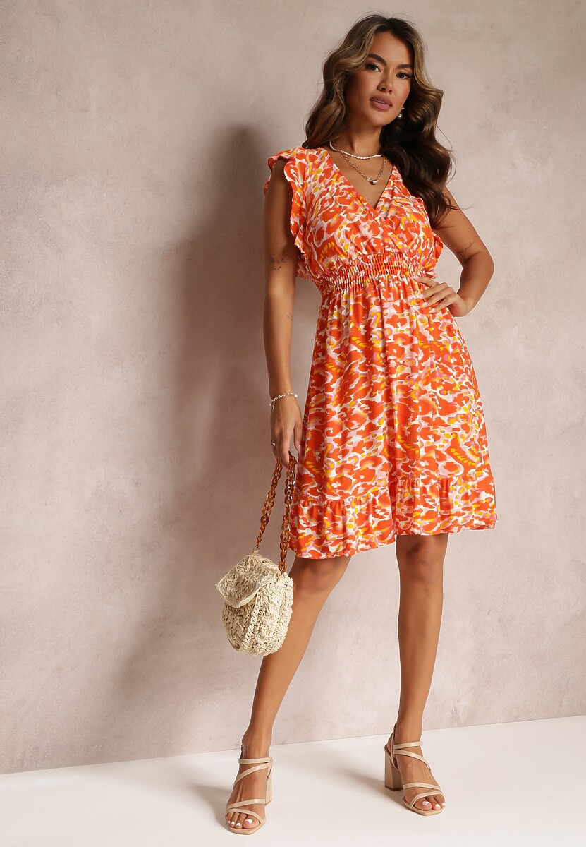 Pomarańczowa Sukienka z Falbanką i Kopertowym Dekoltem Leanah
