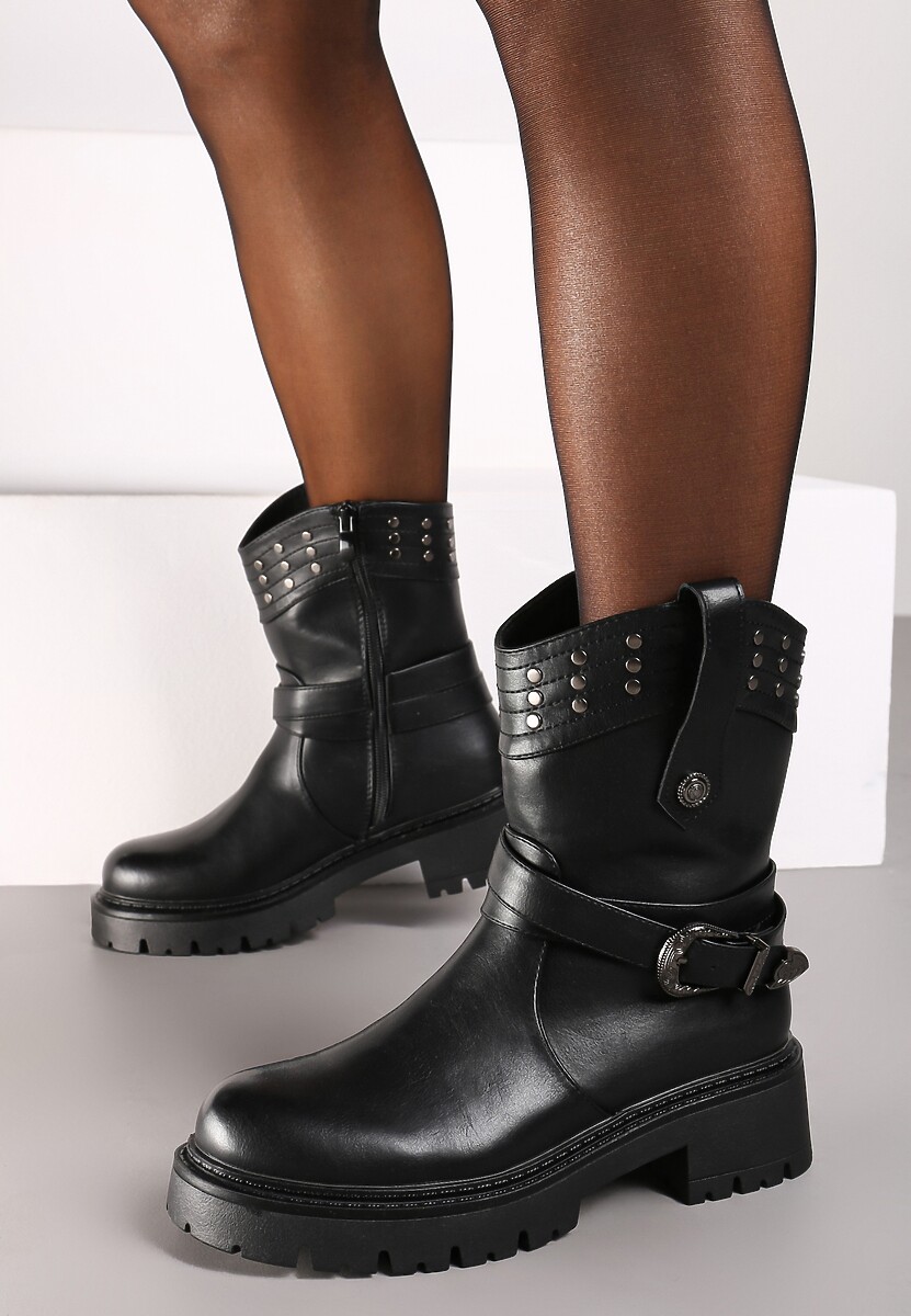 Czarne Botki w Stylu Motocyklowym z Klamrą i Nitami Erithany