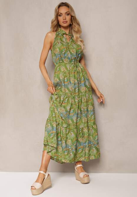 Zielona Sukienka w Stylu Boho Bez Rękawów z Gumką w Pasie i Wiązaniem przy Dekolcie Yisa