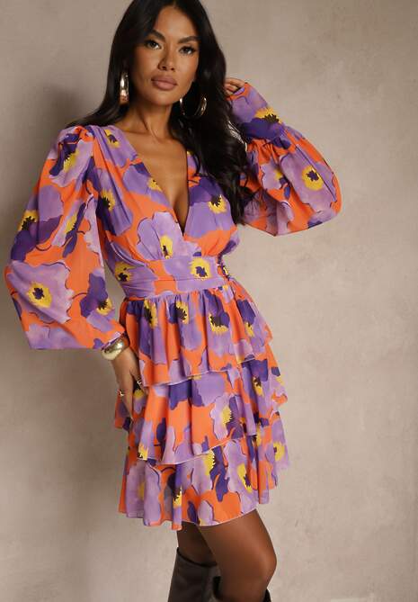 Fioletowa Sukienka Mini z Falbankami Baelyn