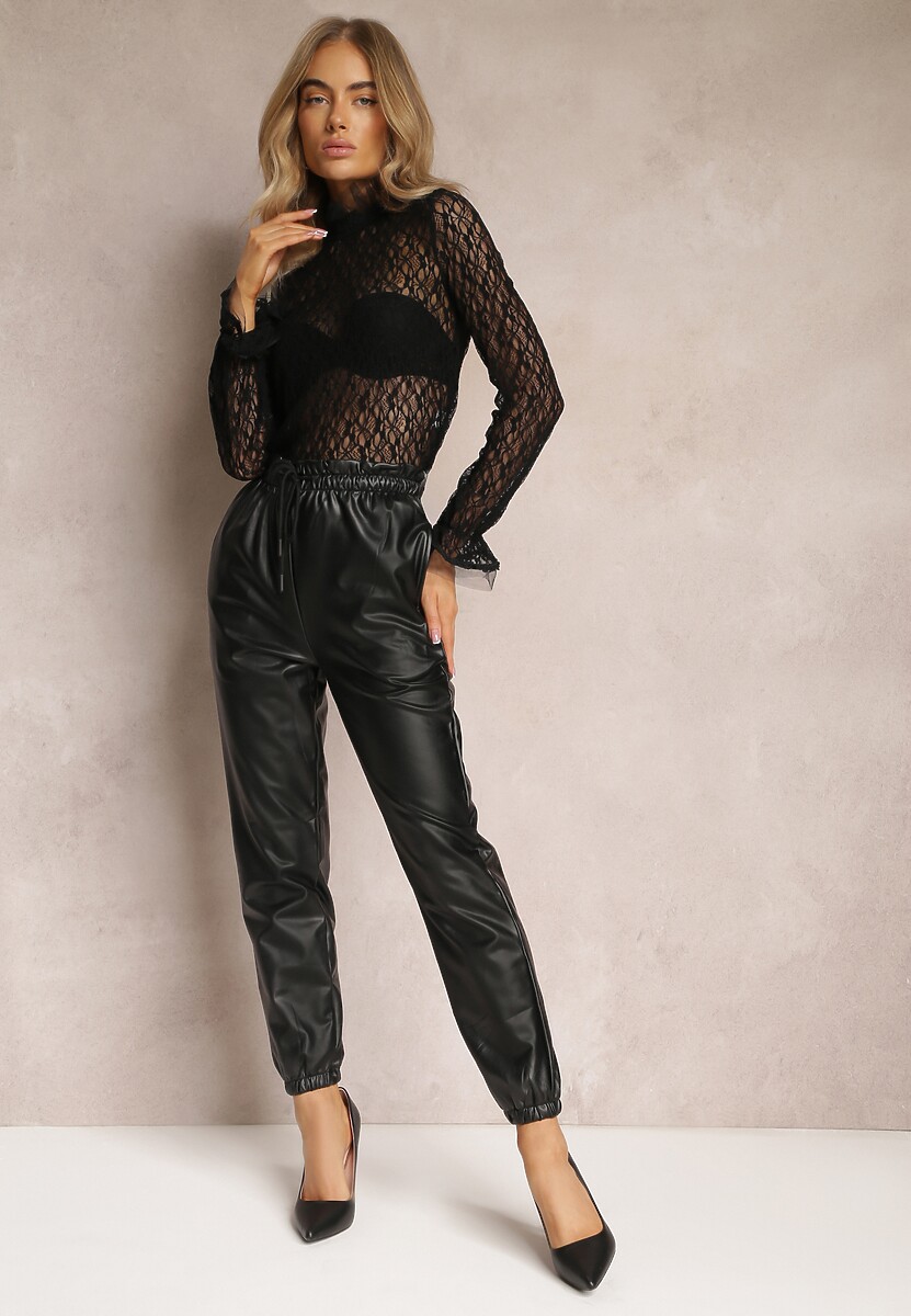 Czarne Spodnie Wykończone Polarem z Gumką w Pasie i na Nogawkach Franira