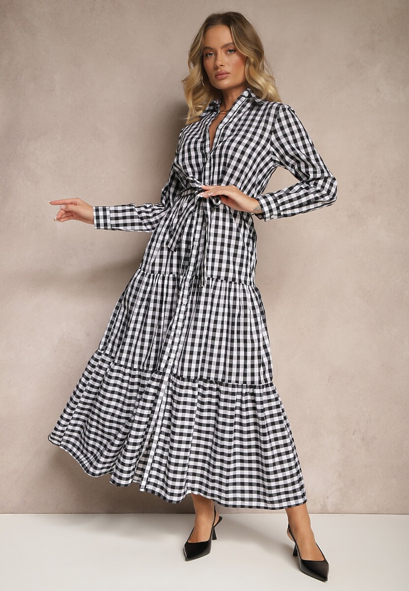 Czerwona Koszulowa Sukienka z Bawełny w Kratkę Vichy z Wiązanym Paskiem Adlivia