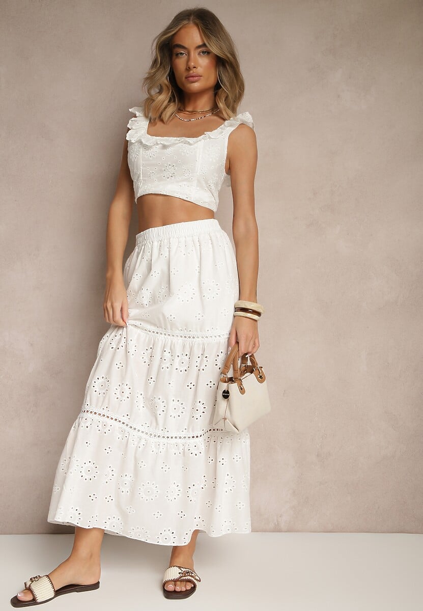 Biała Haftowana Spódnica z Bawełny o Rozkloszowanym Kroju Fevarine
