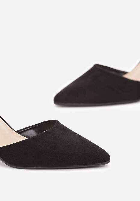 Czarne Czółenka na Słupku z Imitacji Zamszu z Cyrkoniami Demala