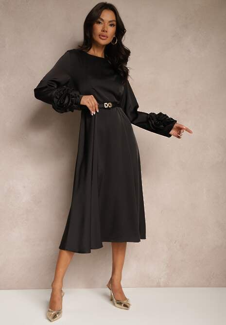 Czarna Koktajlowa Sukienka z Kwiatowymi Aplikacjami 3D na Rękawach i Paskiem Temiraia