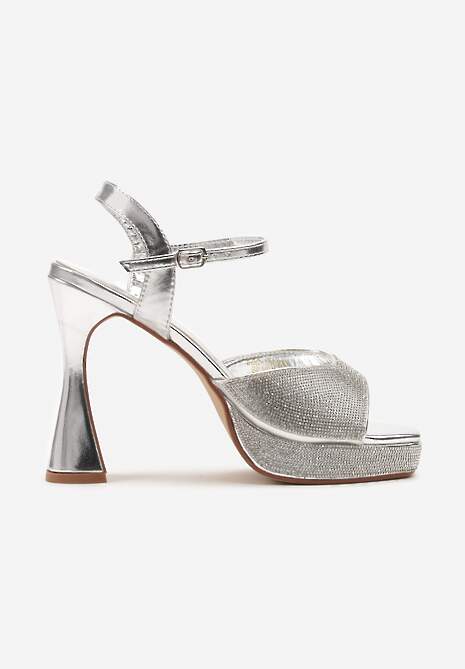 Srebrne Sandały na Stożku i Platformie Ozdobione Cyrkoniami Varnell