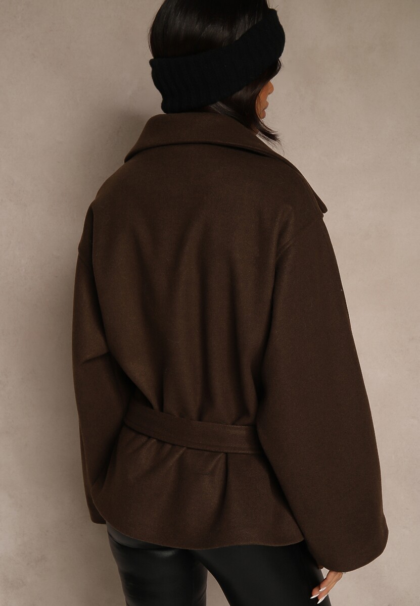 Brązowy Pudełkowy Krótki Płaszcz z Wiskozą z Wiązanym Paskiem i Kołnierzykiem Tusainea