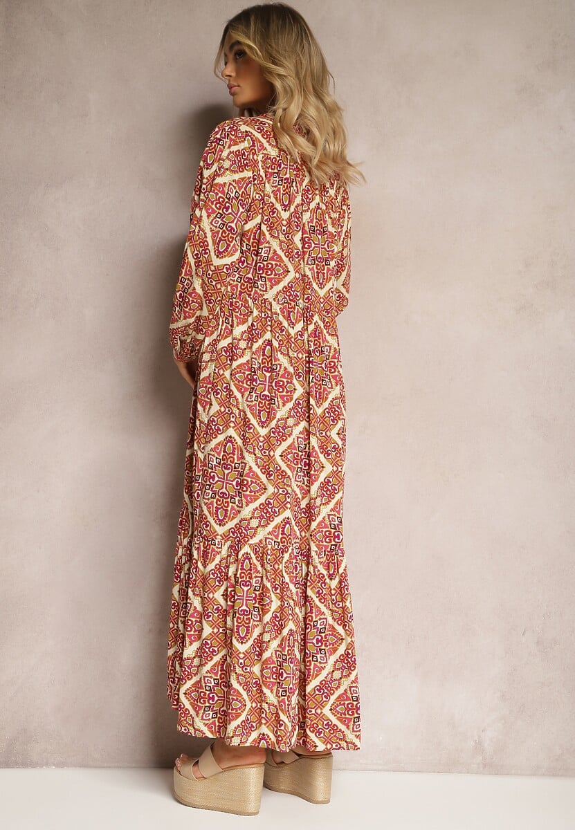 Bordowa Wiskozowa Sukienka o Rozkloszowanym Kroju z Falbanką i Guzikami Orines