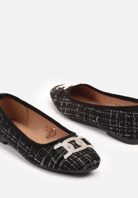 Czarne Balerinki Tweedowe Ozdobione Cyrkoniami Nuritta