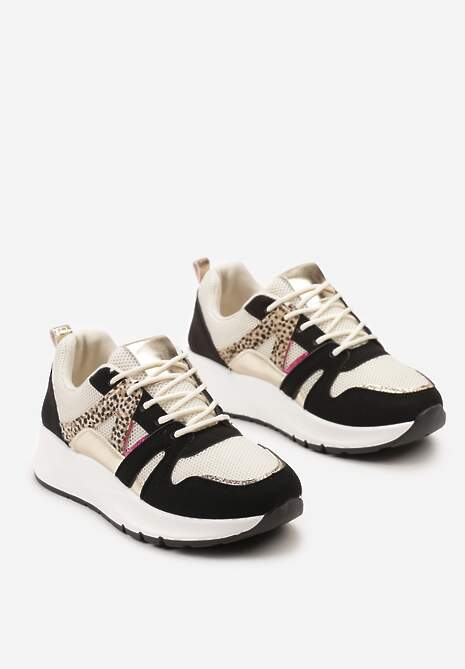 Czarno-Beżowe Sneakersy z Siateczkowymi i Metalicznymi Zdobieniami Detama