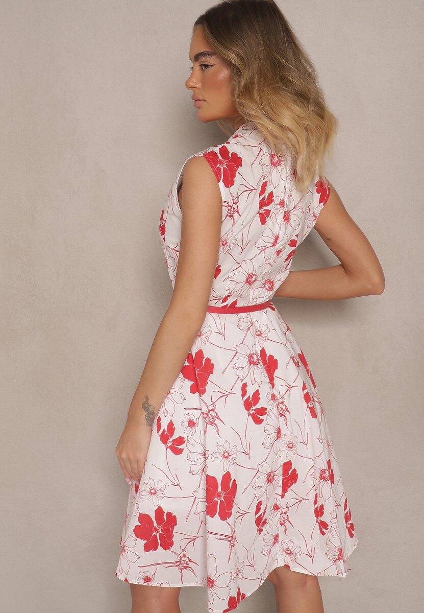 Czerwona Rozkloszowana Sukienka z Bawełny o Kopertowym Kroju z Paskiem z Klamerką Calriz