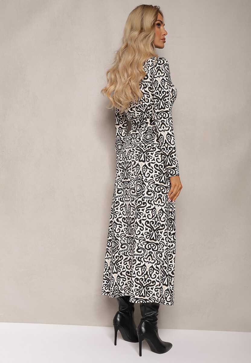 Czarno-Biała Taliowana Sukienka Maxi z Paskiem i Kopertowym Dekoltem Anetil