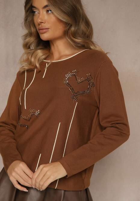 Brązowy Sweter z Cyrkoniowymi Sercami Unorevia