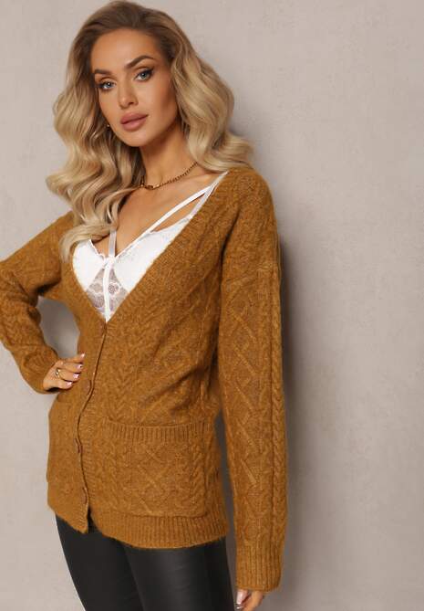 Jasnobrązowy Zapinany Kardigan z Trójkątnym Dekoltem i Warkoczykowy Splot Juessa