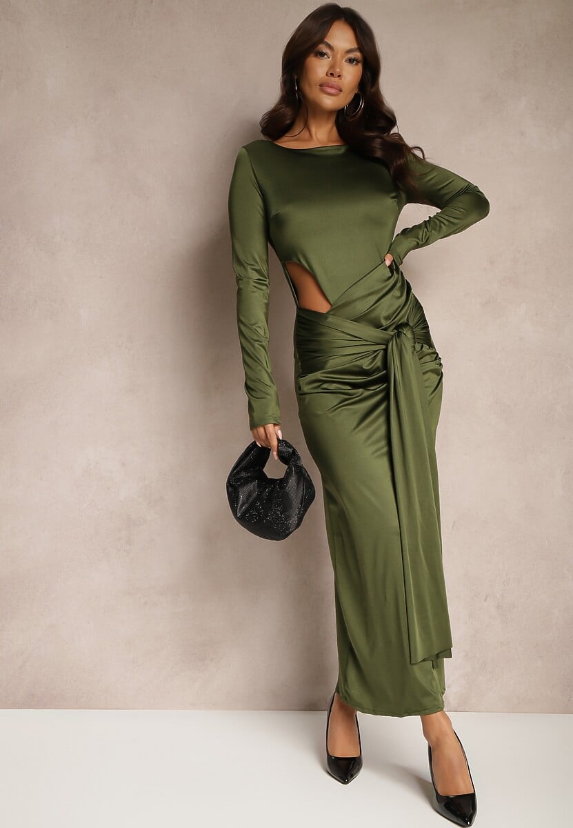 Zielona Koktajlowa Sukienka z Ozdobnym Wycięciem i Wiązaniem Vamicea