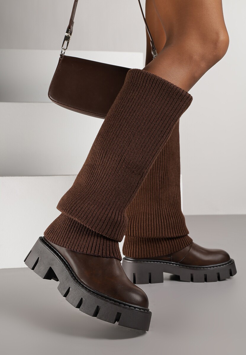 Brązowe Kozaki Chunky z Dzianinową Cholewką Imitującą Nogawkę Fenema