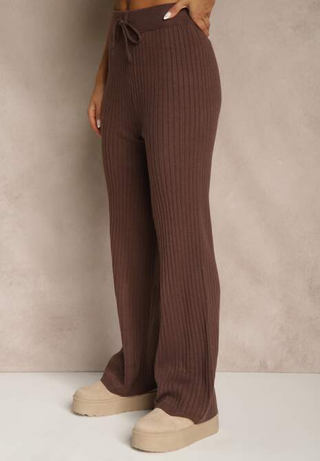 Brązowy Komplet z Dzianiny z Bawełną Spodnie Kamizelka i Długi Kardigan Mevalinia