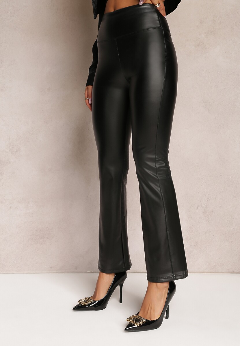 Czarne Spodnie o Fasonie Dzwonów z Ekoskóry i z Gumką w Pasie Dawi