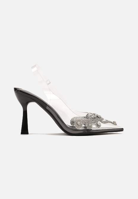Czarne Transparentne Sandały na Klepsydrowej Szpilce z Cyrkoniami i Odkrytą Piętą Nadifra