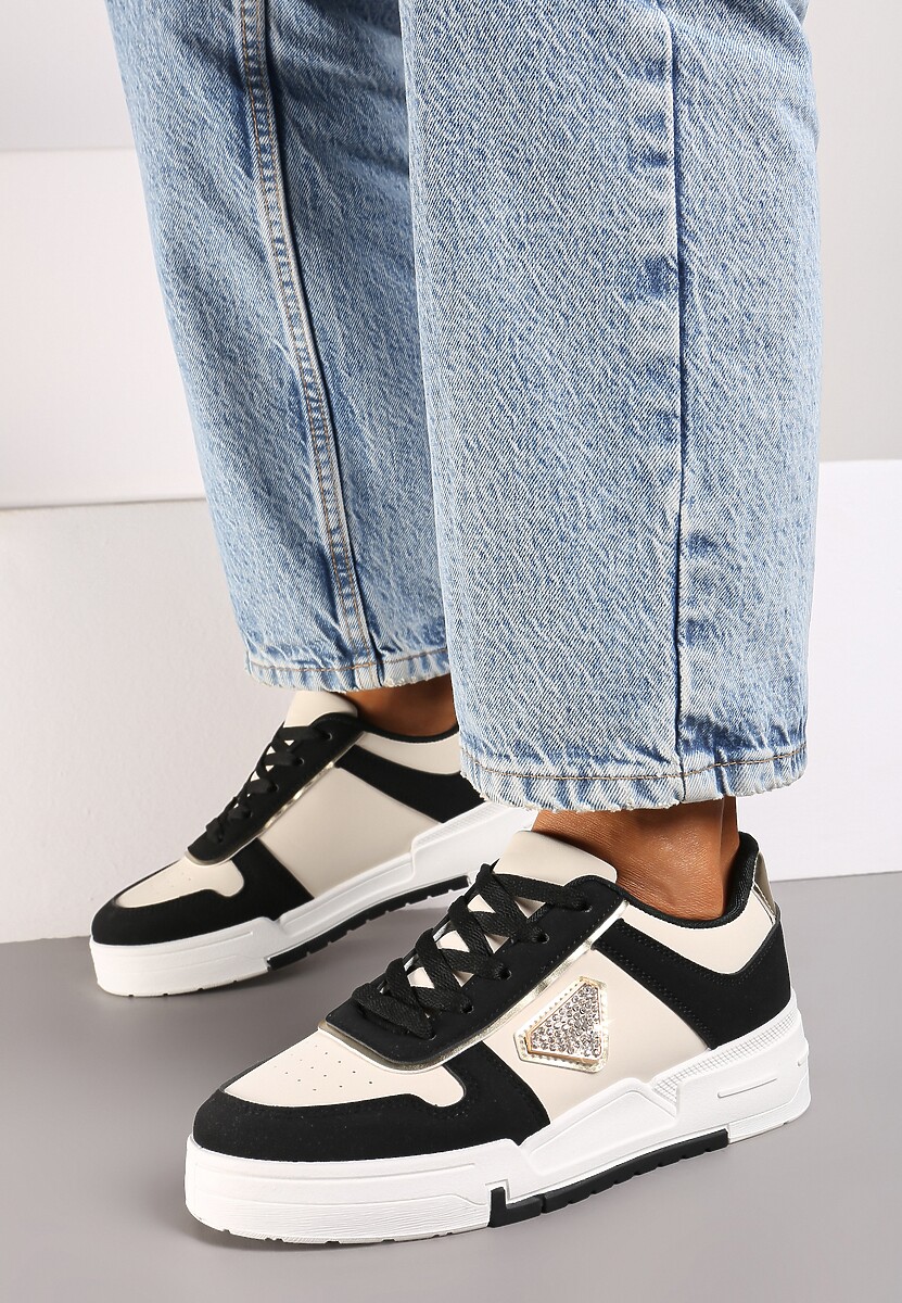 Czarne Sneakersy na Platformie z Cyrkoniową Aplikacją Rexania