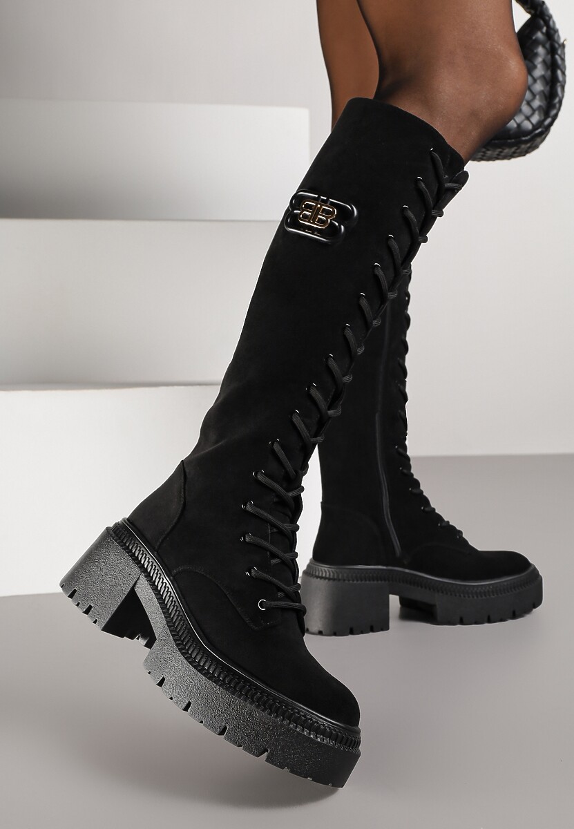 Czarne Kozaki Vices z Imitacji Zamszu w Stylu Grunge ze Sznurowaną Cholewką i Platformą Laurotte