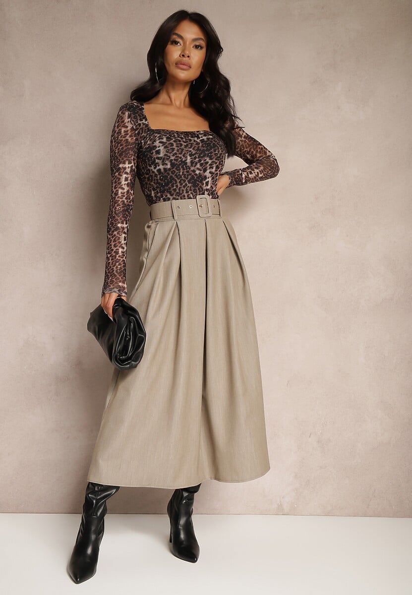 Czarna Spódnica z Wiskozą o Rozkloszowanym Kroju z Paskiem i Gumką w Talii Prianna