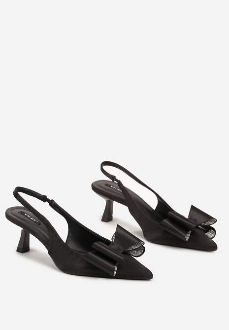 Czarne Czółenka Satynowe na Szpilce Kaczuszce Ozdobione Cyrkoniami i Kokardą Felabra