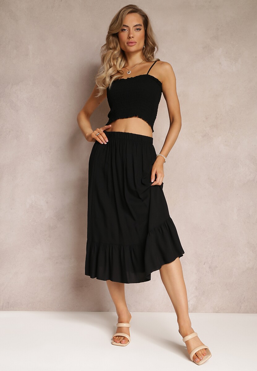 Czarny 2-częściowy Komplet Bawełniany Top na Ramiączkach i Spódnica z Gumką w Talii Tirasa