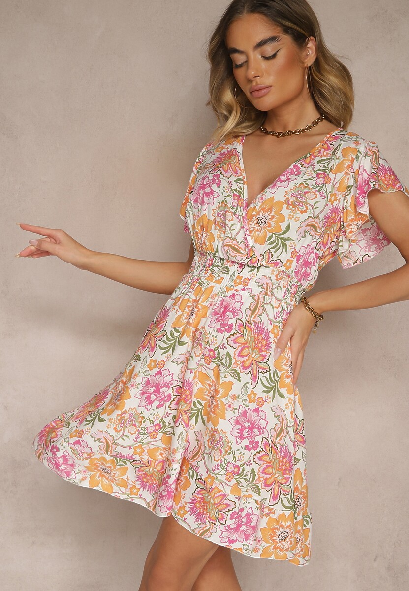 Jasnozielona Kwiatowa Kopertowa Sukienka z Bawełny Ulosiana