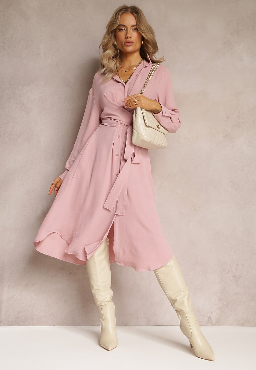 Różowa Sukienka Midi z Kołnierzykiem i Materiałowym Paskiem Rasik