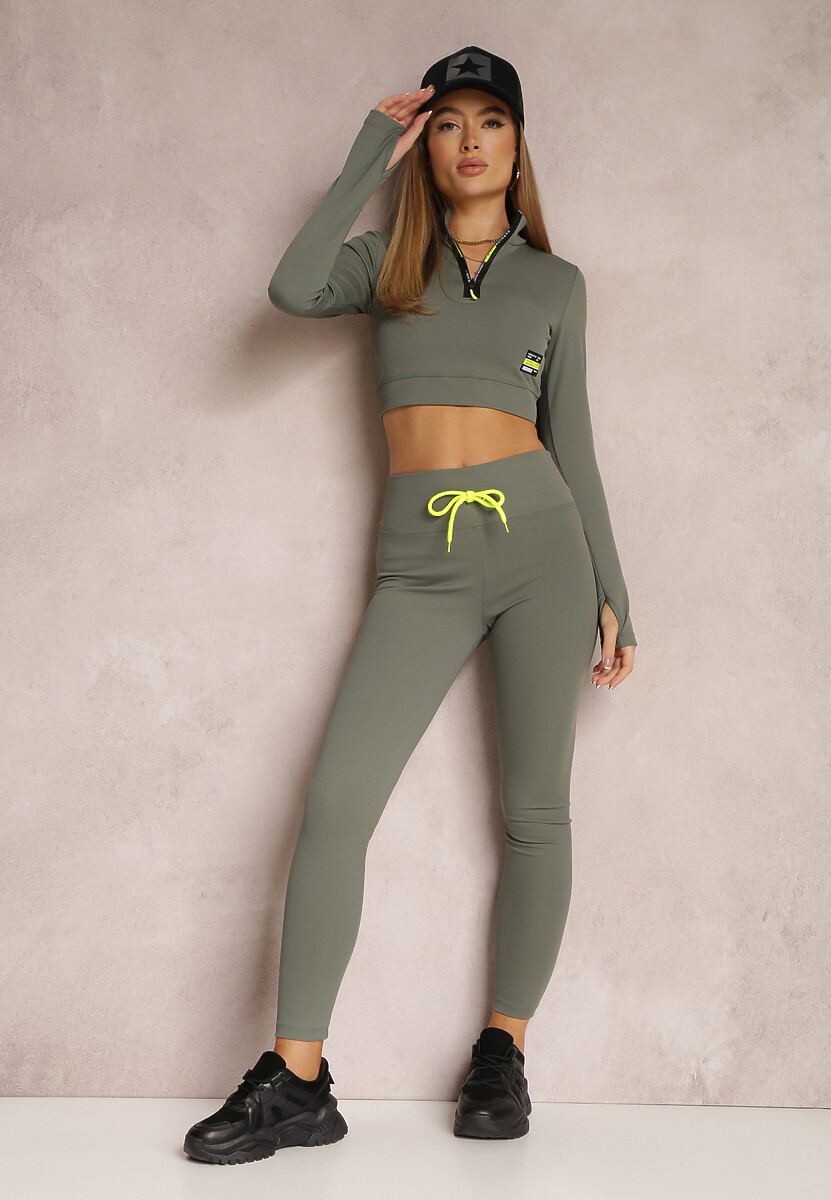 Ciemnozielony 2-częściowy Komplet Dresowy z Krótką Bluzą i Legginsami Anashrah