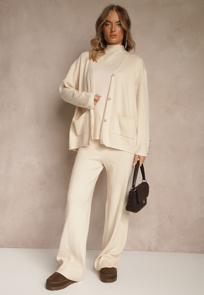 Jasnobeżowy Komplet z Dzianiny z Bawełną Spodnie Kardigan i T-shirt z Golfem Ralonia