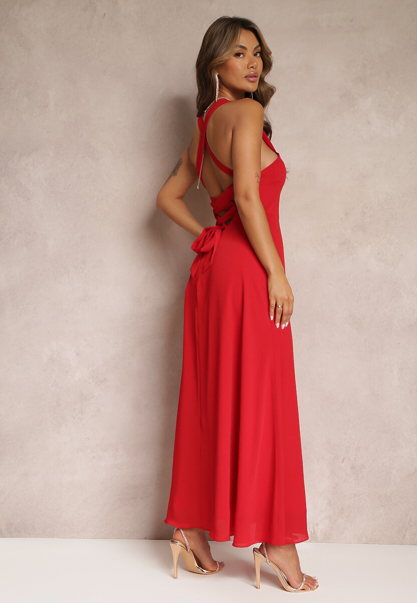 Czerwona Rozkloszowana Sukienka Koktajlowa Wiązana na Plecach Malori