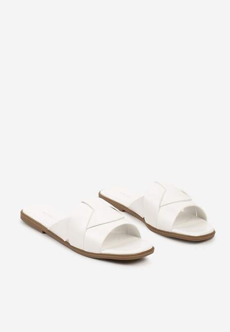 Białe Klapki na Płaskiej Podeszwie z Ozdobnymi Paskami i Kwadratowym Noskiem Lunivia