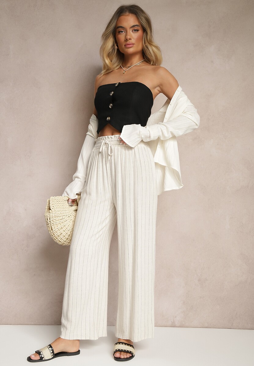 Beżowe Spodnie Szerokie z Dodatkiem Lnu z Wiązaniem w Talii w Paski Eraviela