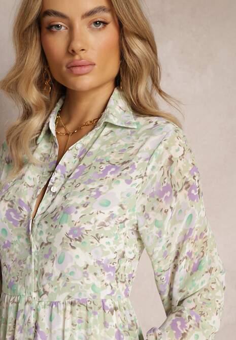 Miętowa Koszulowa Sukienka Maxi w Kwiaty z Falbaną na Dole Nilmisse