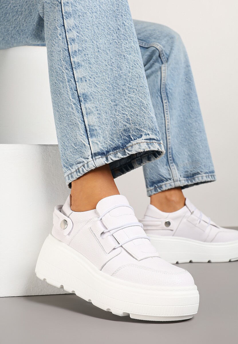 Białe Sneakersy na Platformie ze Skóry Naturalnej z Ozdobnym Paskiem Reselle