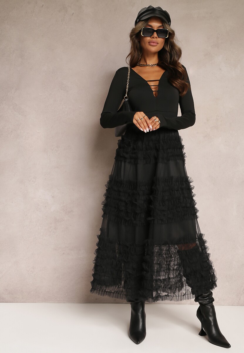 Czarna Rozkloszowana Spódnica z Tiulowego Materiału z Gumką w Talii  Ejlia
