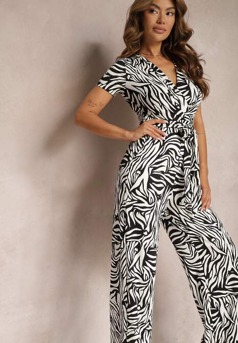 Czarno-Biały Kopertowy Kombinezon Taliowany z Szerokimi Nogawkami Talamla