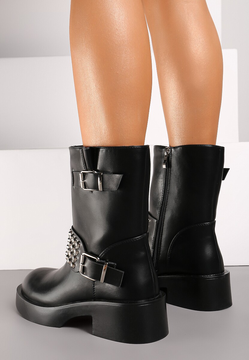 Czarne Botki Biker z Ćwiekami na Szerokim Pasku Ezila