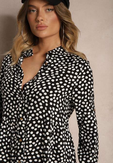 Czarno-Biała Bawełniana Sukienka Koszulowa w Kropki Wexnella